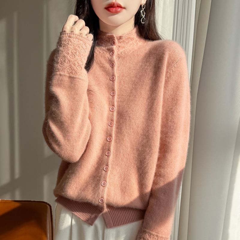 【设计师款】100纯羊毛衫精致翻领高领单排扣厚款百搭时尚针织衫女