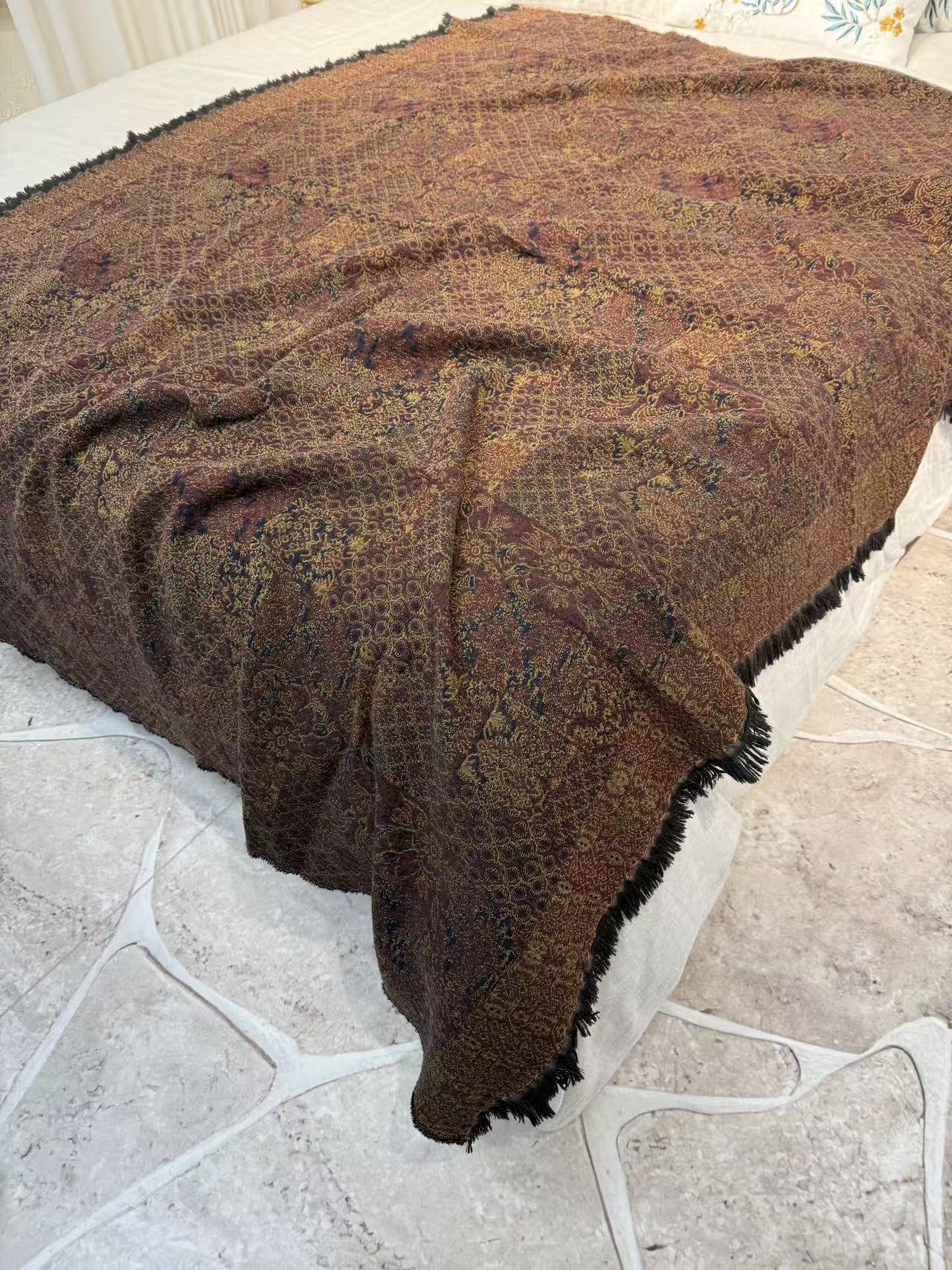 【麻先森-织梦】复古提花棉麻毯繁花纹理流苏饰边尽显质感复古