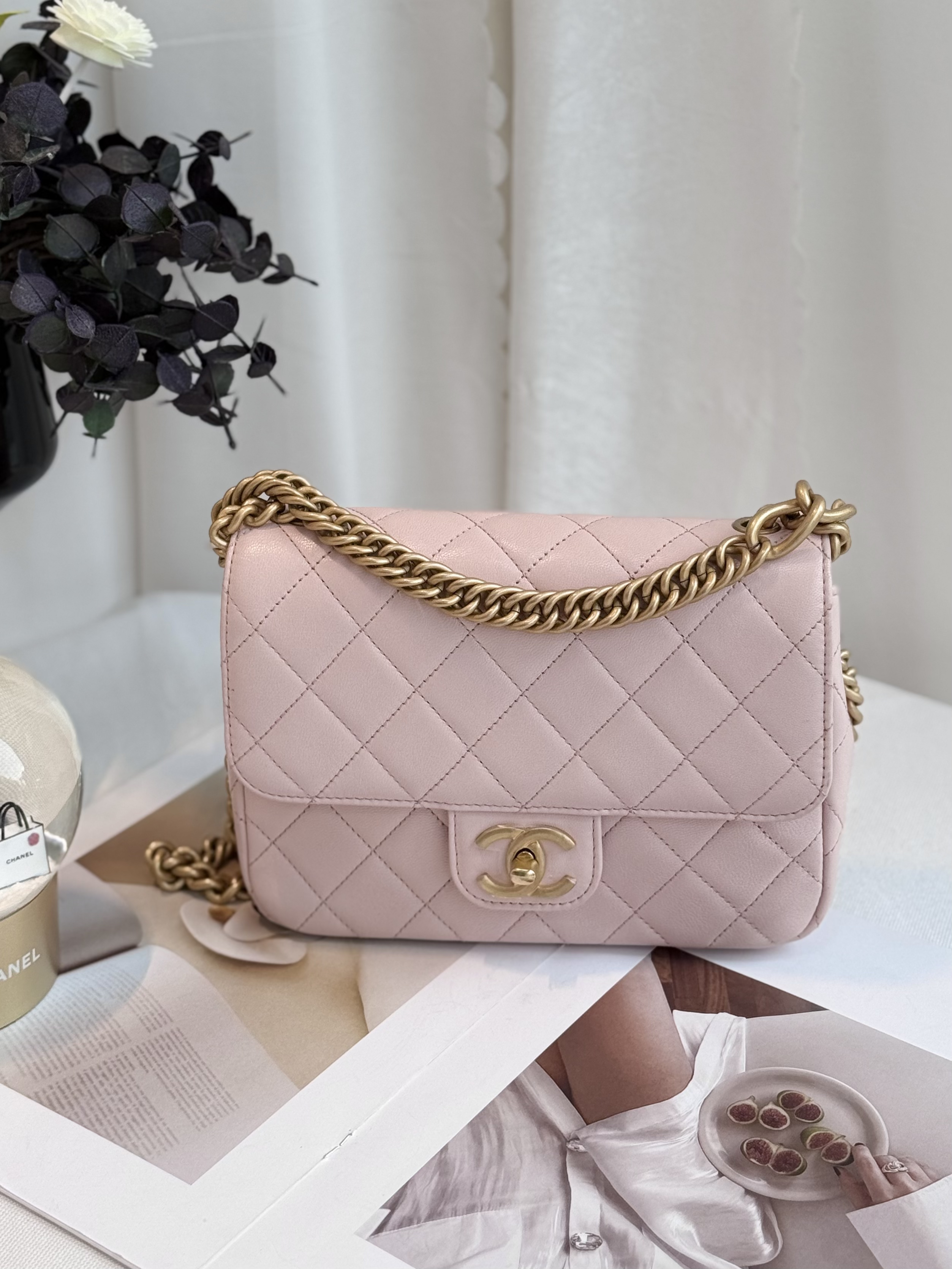 99新 Chanel/香奈儿 香奈儿双链条粉色方胖子单肩斜挎包 芯片款