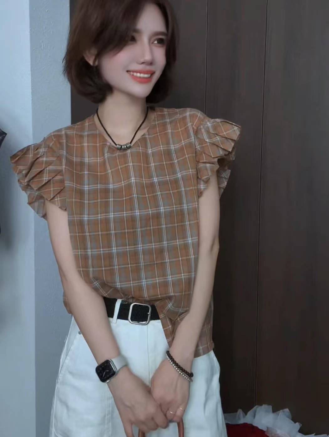 夏季时尚百搭圆领宽松显瘦拼接格子上衣