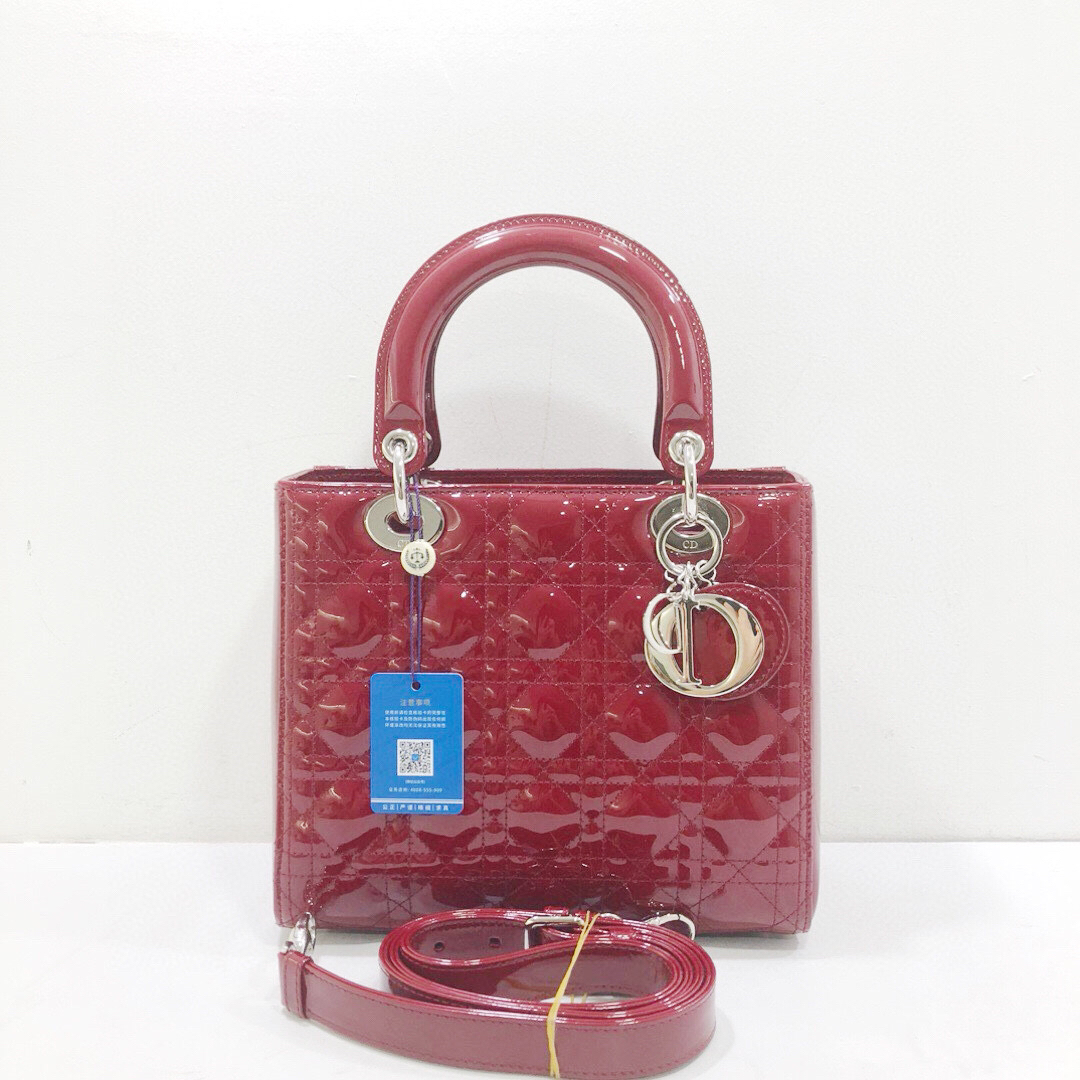 95新 DIOR/迪奥 迪奥漆皮红色五格戴妃手提单肩斜挎包