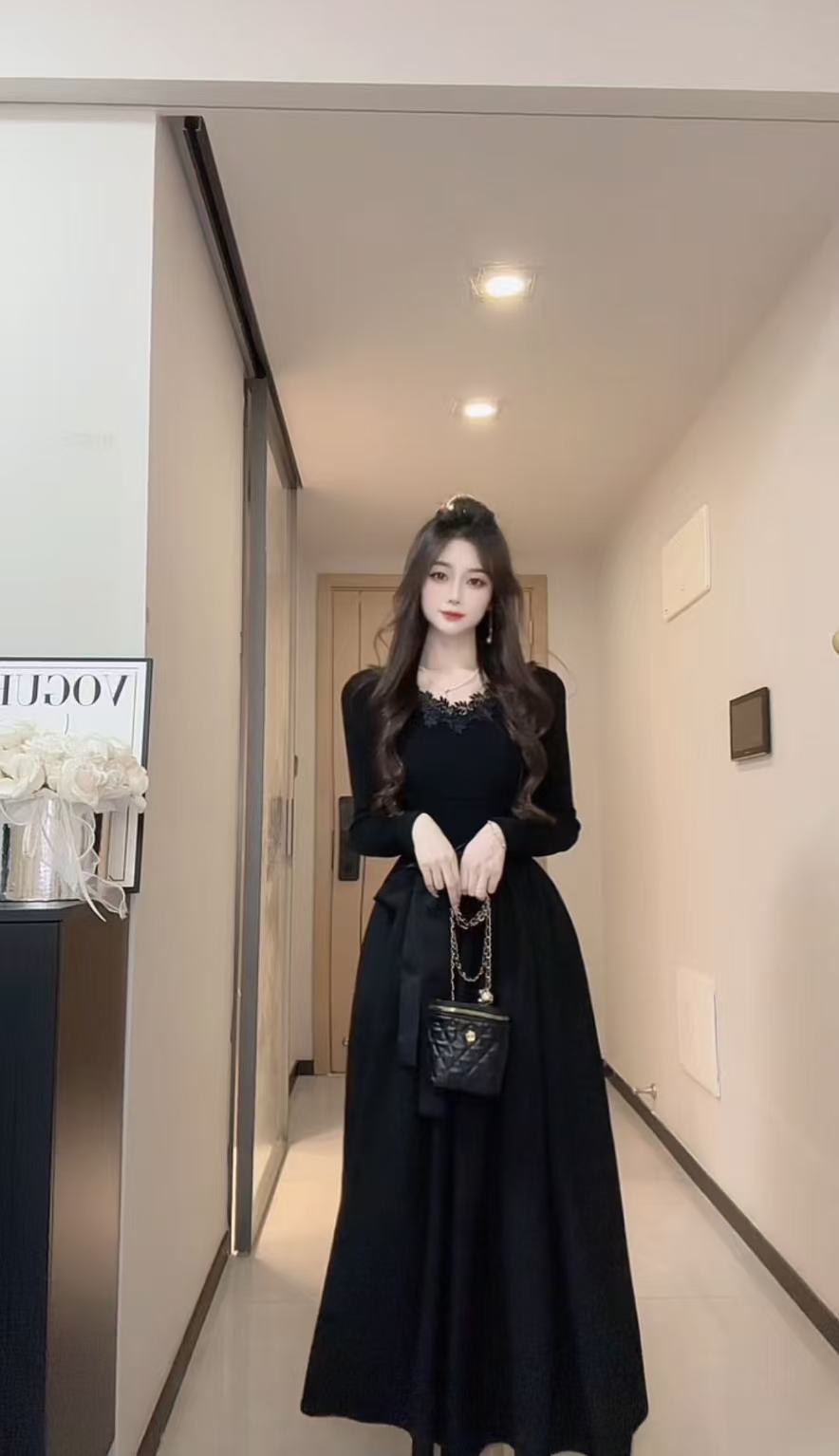 秋冬加绒款气质水溶蕾丝腰部缎面蝴蝶结连衣裙女新款（磨毛绒）