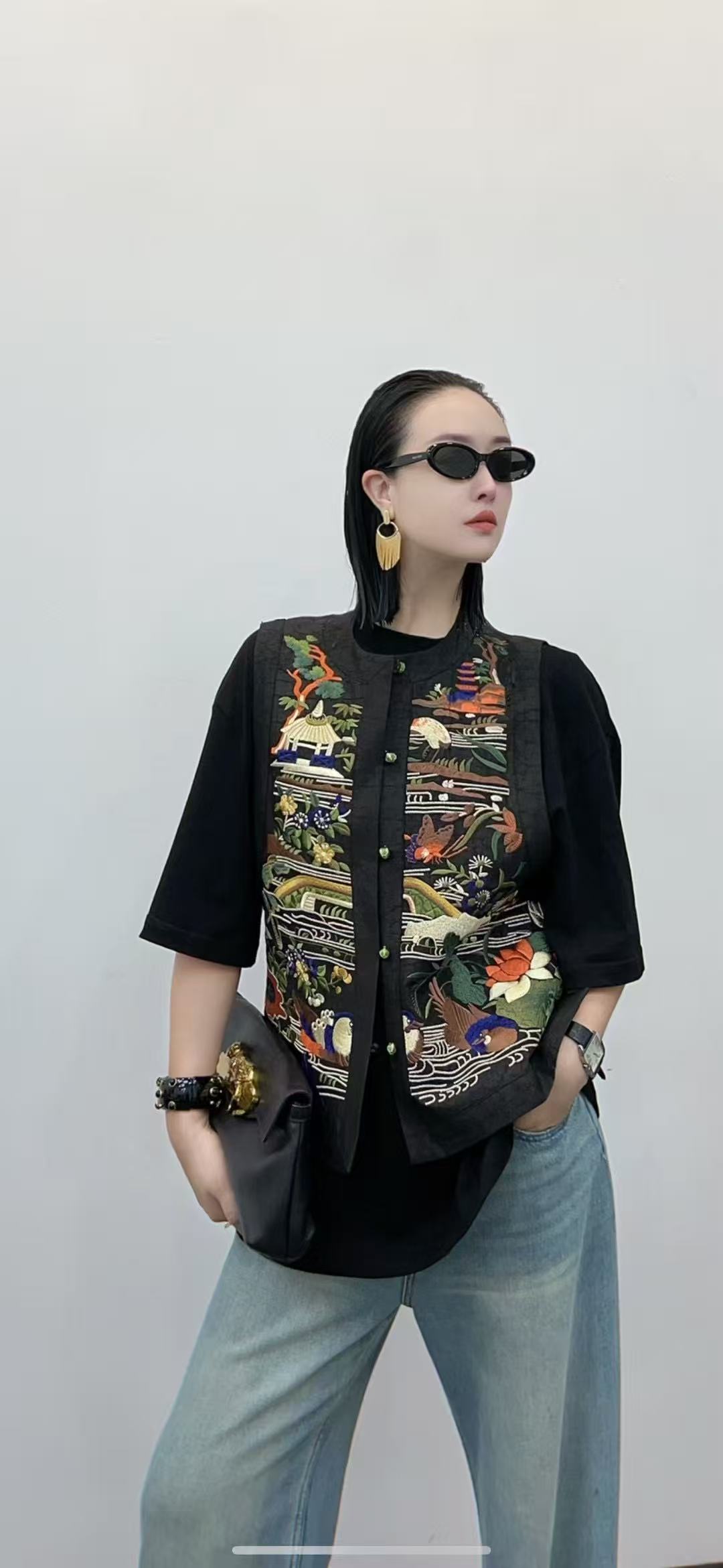 翡德莉丝【烟雨楼】冰心推荐新中式真丝香云纱圆领刺绣龟裂纹马夹