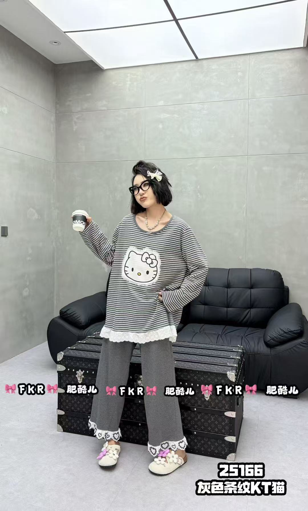 秋季新款女大码长袖长裤纯棉可爱kt猫睡衣家居服套装25166