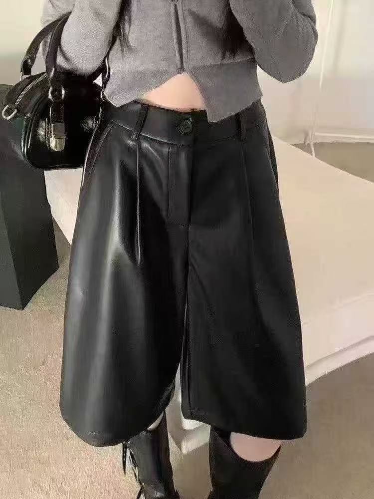 108+7028阔腿裤休闲裤高腰显瘦设计感休闲风短裤阔腿拼接女士