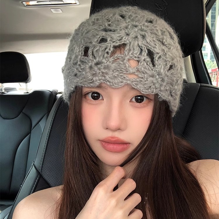 韩国小众手工钩针镂空花卉针织帽女春夏薄款透气包头帽毛线帽女士