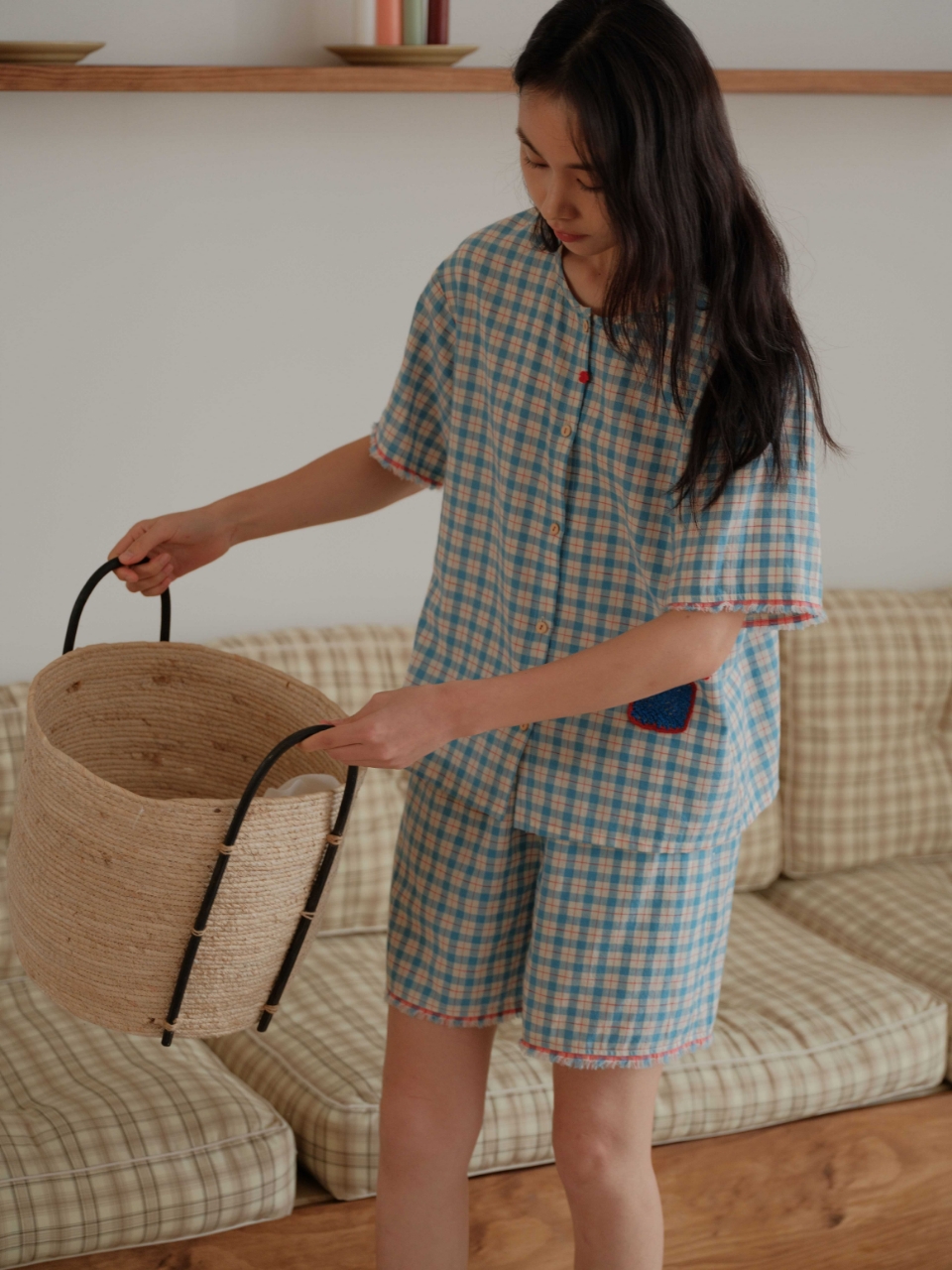 棉麻格子圆领短袖短裤家居服舒适睡衣套装春夏款