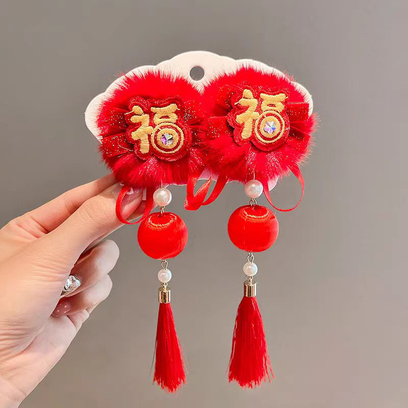 发饰2024女中国风国风宝宝头花夹子古风流苏毛球可爱发卡