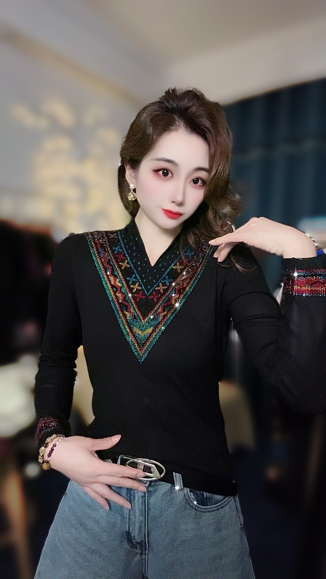 【春秋款】民族风打底衫女装欧货重工烫钻长袖T恤上衣女