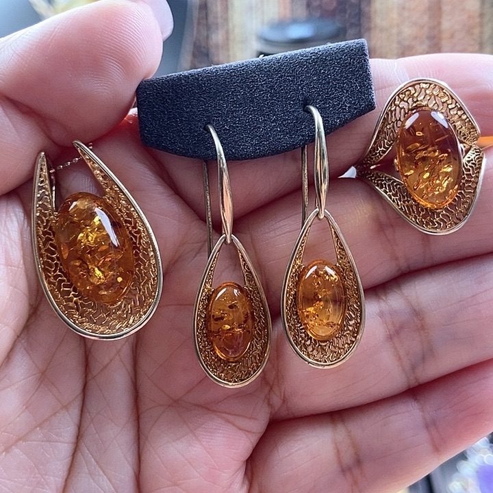 琥珀银S925镶嵌颈饰套装不含链