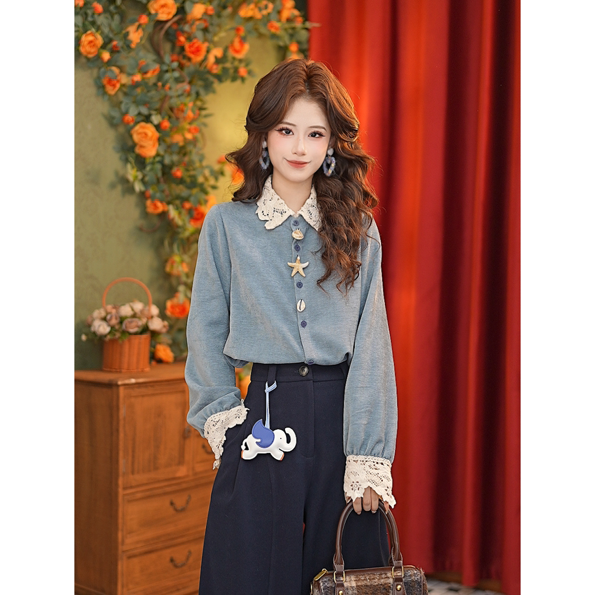 DaYuanSAD 蕾丝翻领拼接衬衣冬季内搭叠穿打底长袖衬衫#G14981