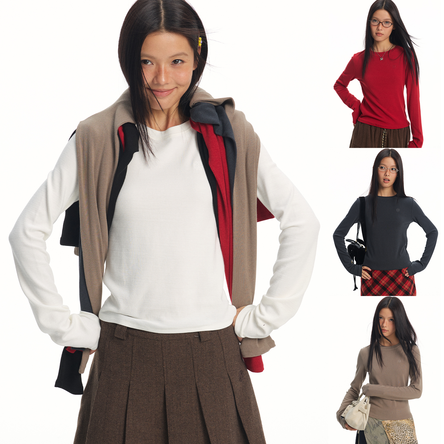 江南先生NewJNXS薄绒圆领刺绣长袖内搭上衣基础修身显瘦打底衫T恤