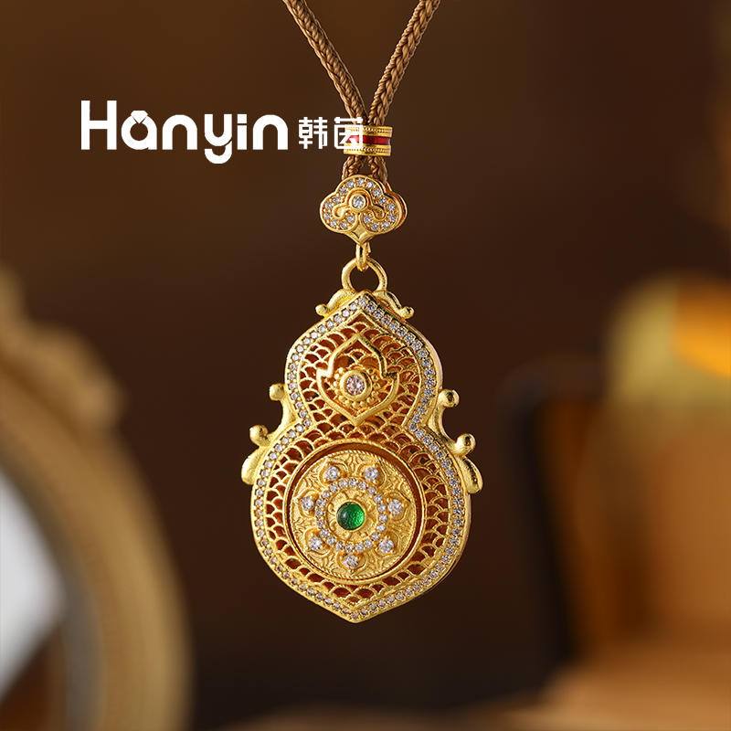 铜合金布艺项链 74cm国风气质微镶花丝葫芦可旋转罗盘抽拉项链