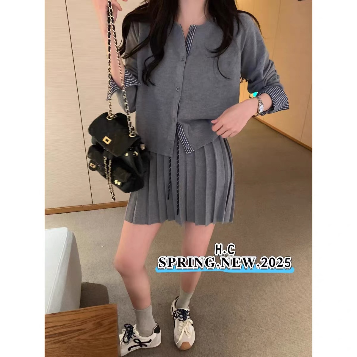 韩版学院风针织衫无袖背心女秋季小众设计感开衫外套辣妹半裙套装