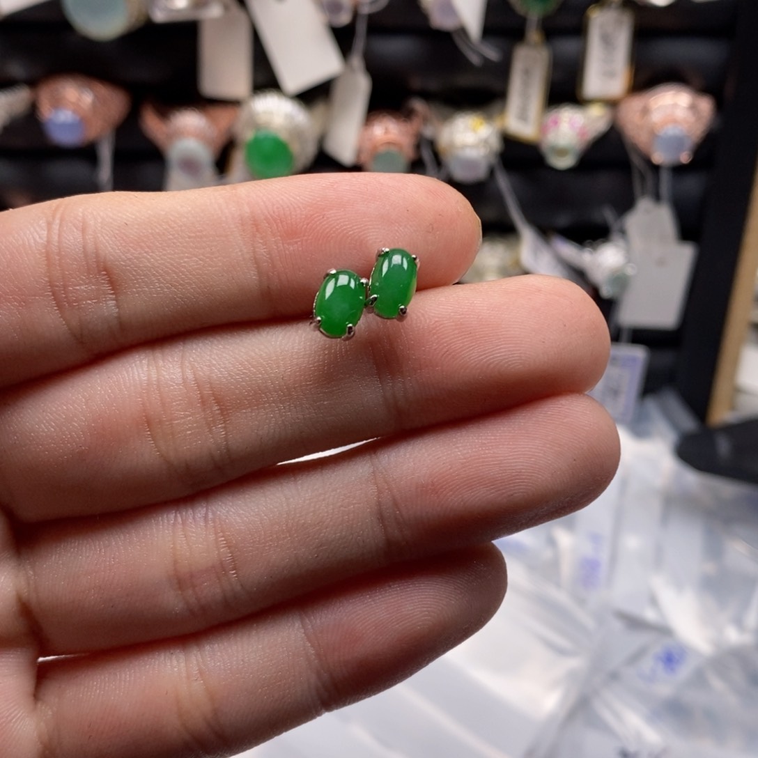 翡翠耳饰银S925镶嵌天然缅甸翡翠a货
