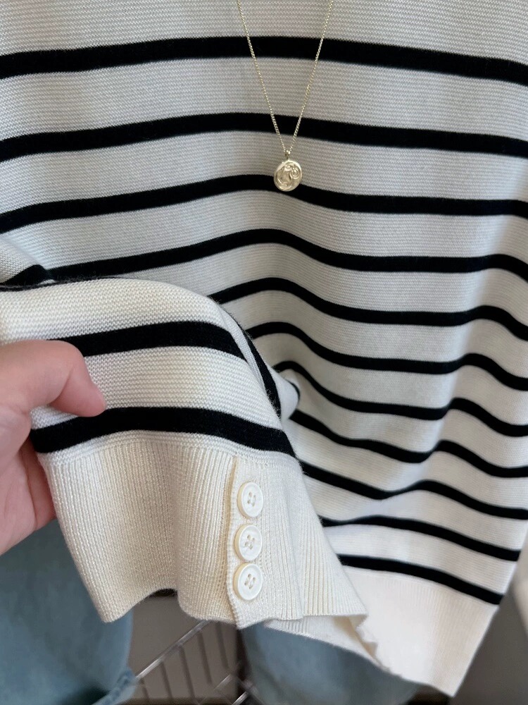 /纽扣条纹/撞色假两件针织衫春夏新款小清新条纹拼袖上衣93117
