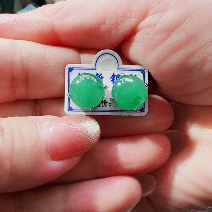 石英质玉耳钉银S925镶嵌