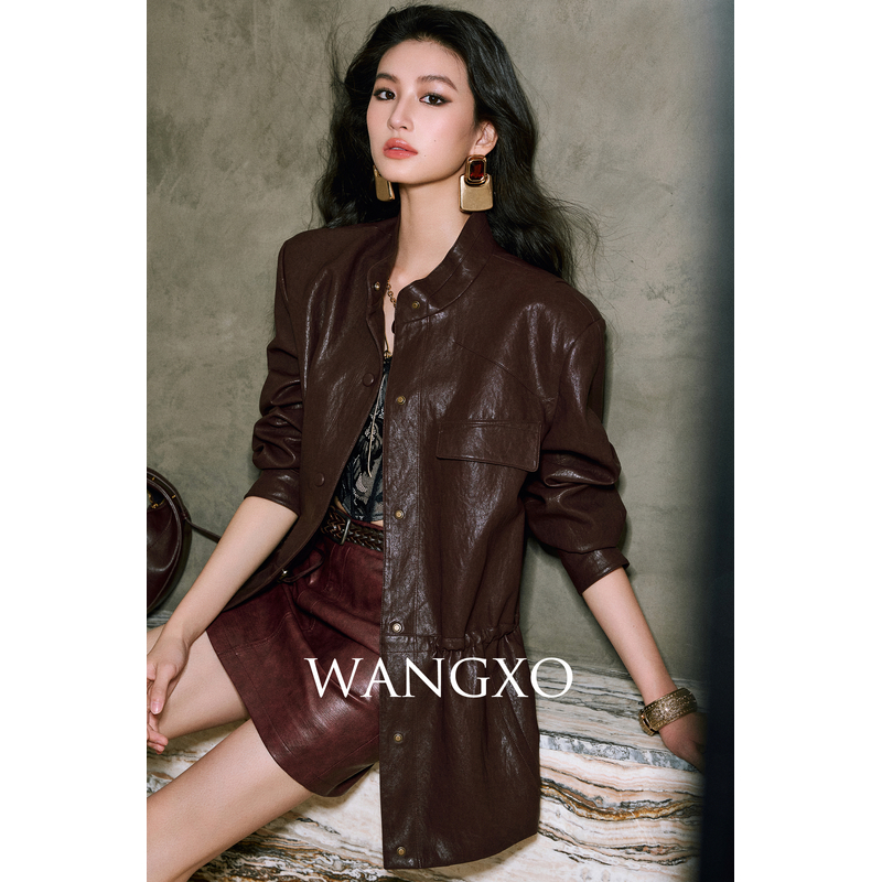 WANGXO 廓形金属丝仿植鞣皮复古皮衣  2531009W