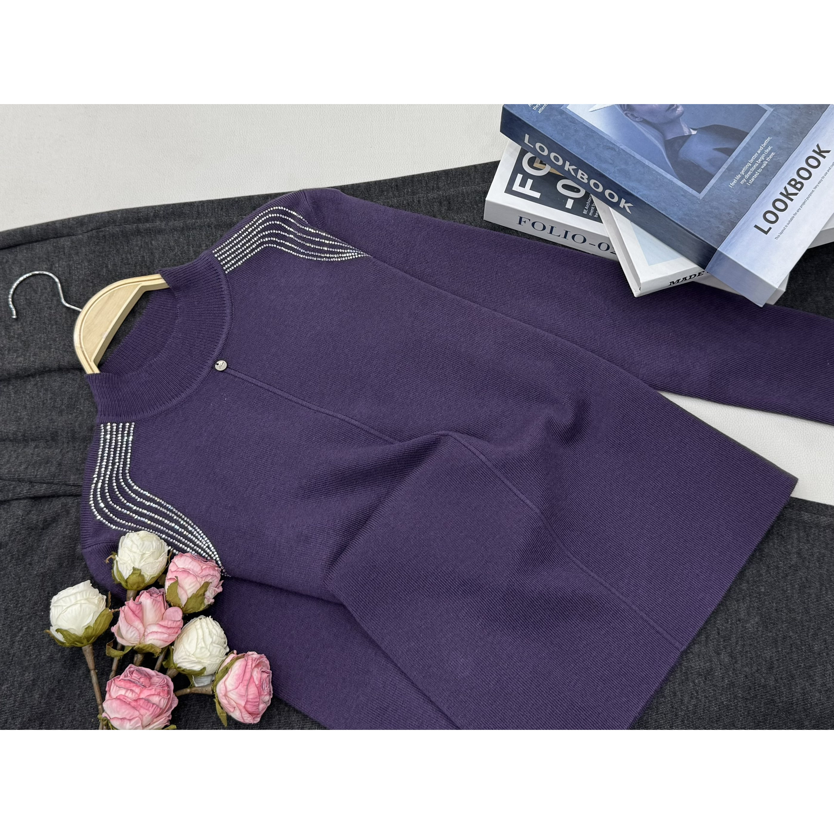 【肩膀烫钻打底紫】早秋新款时尚长袖针织上衣QC5907