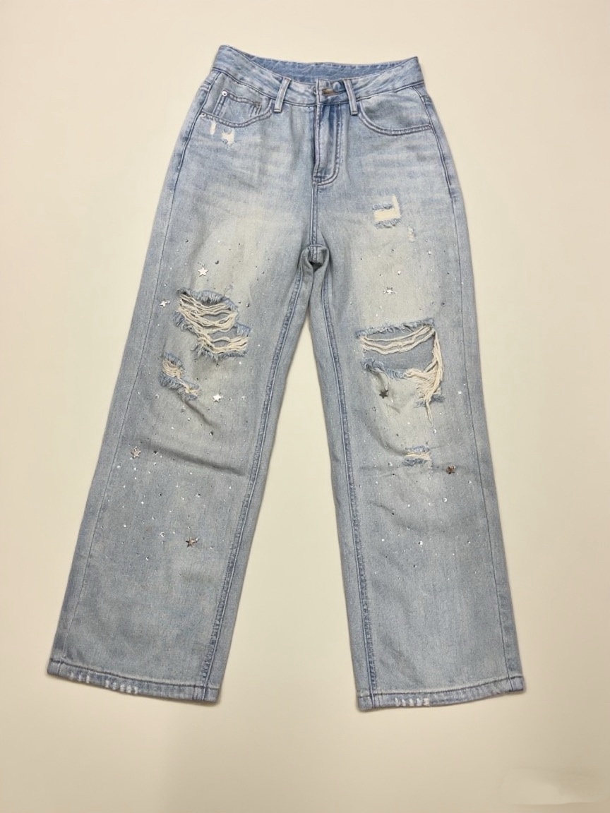 烫钻破洞直筒牛仔裤夏季新款