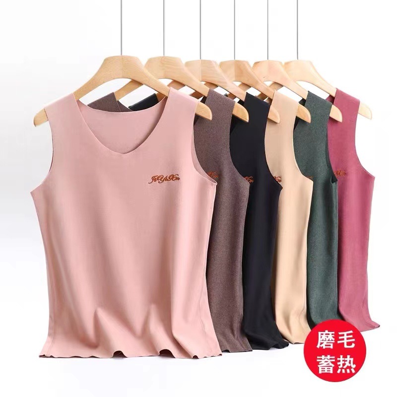 女士秋冬德绒加绒圆领无袖修身磨毛保暖背心内穿打底衫