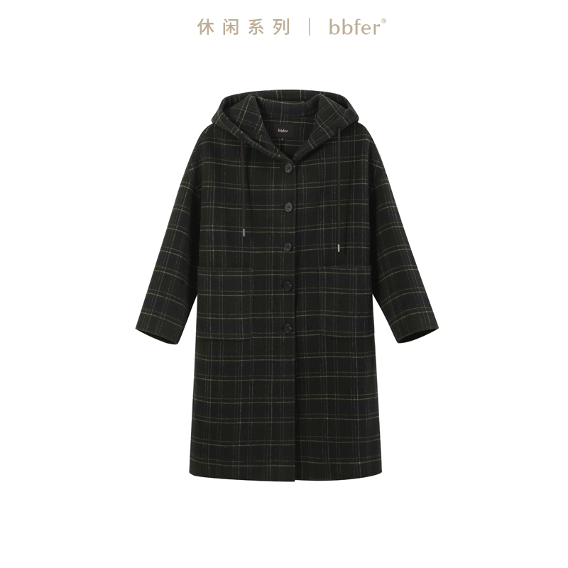 本依凡冬季女士双面呢大衣SSSSM0251格子学院风连帽中长款外套