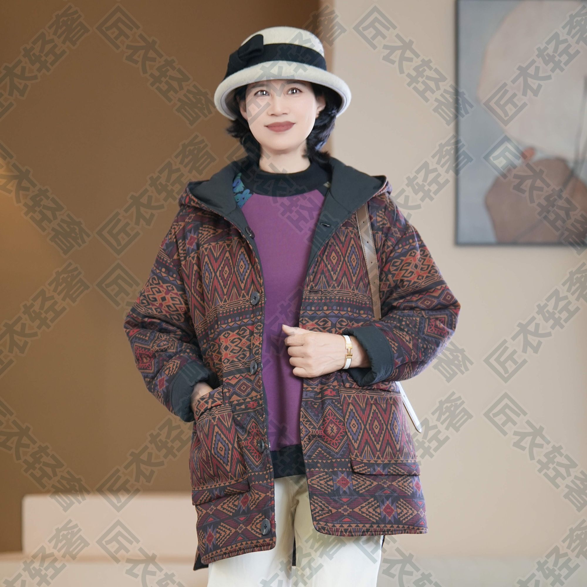 费尔岛风格两面穿中老年秋冬防风保暖女棉衣奶奶棉服母亲洋气衣装