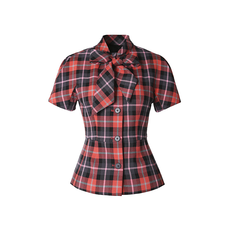 复古格子时尚女士夏季修身格纹飘带上衣CEA2018