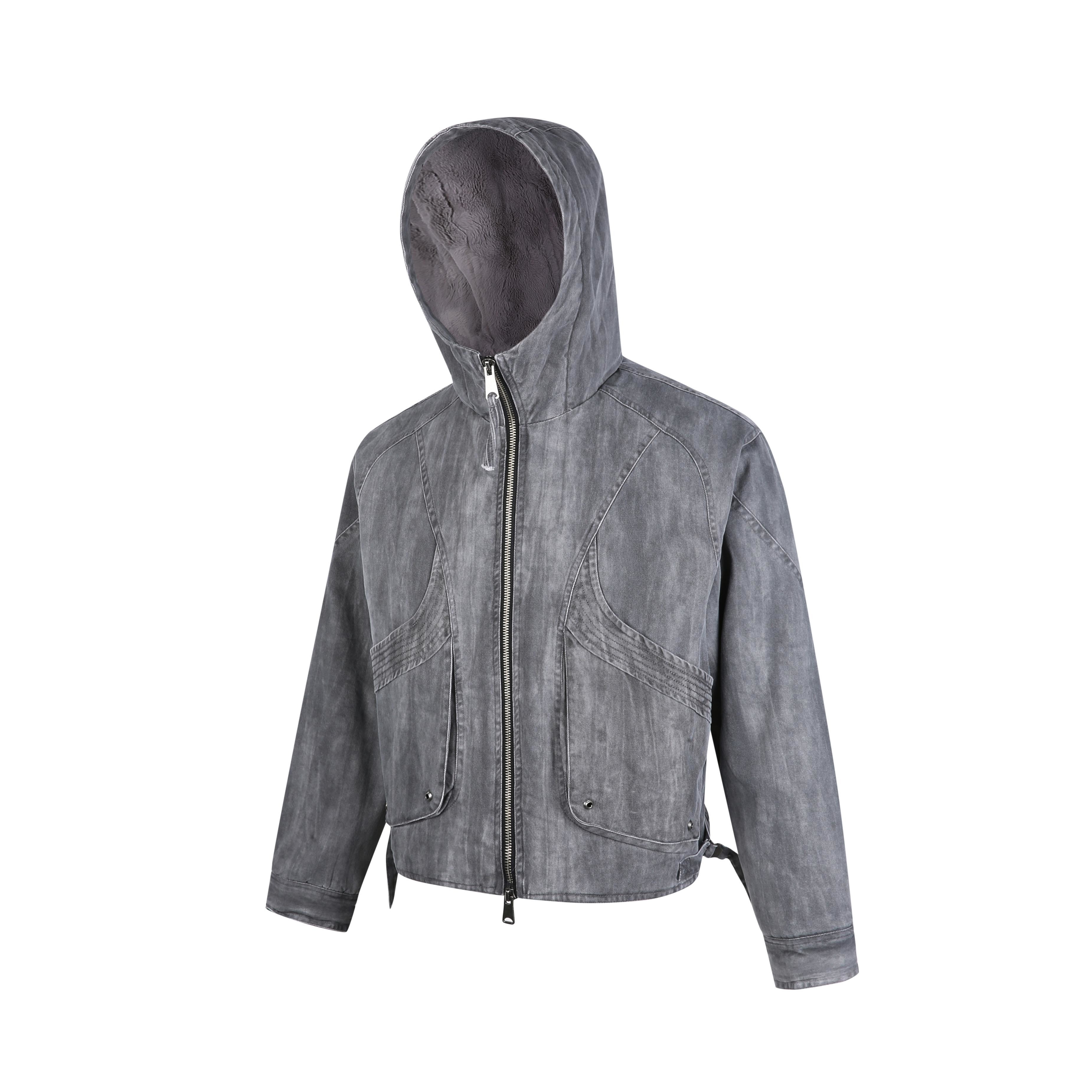 【EME】美式复古酵素水洗做旧磨毛牛仔座山雕立体剪裁飞行夹克棉服