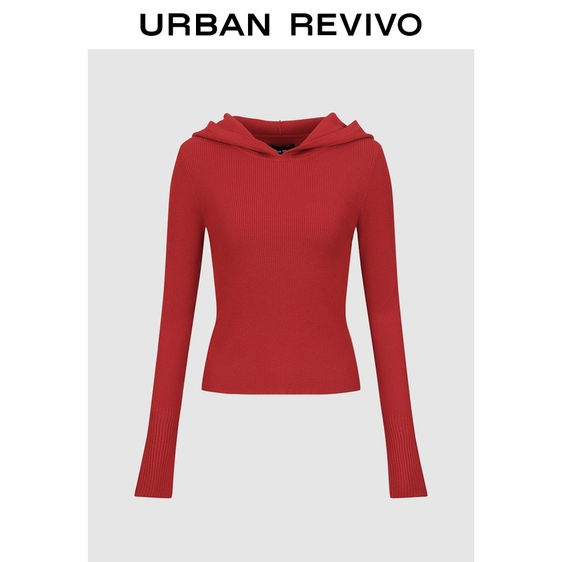 UR2026春季新款女装休闲连帽蝴蝶结短款针织衫UWH960010