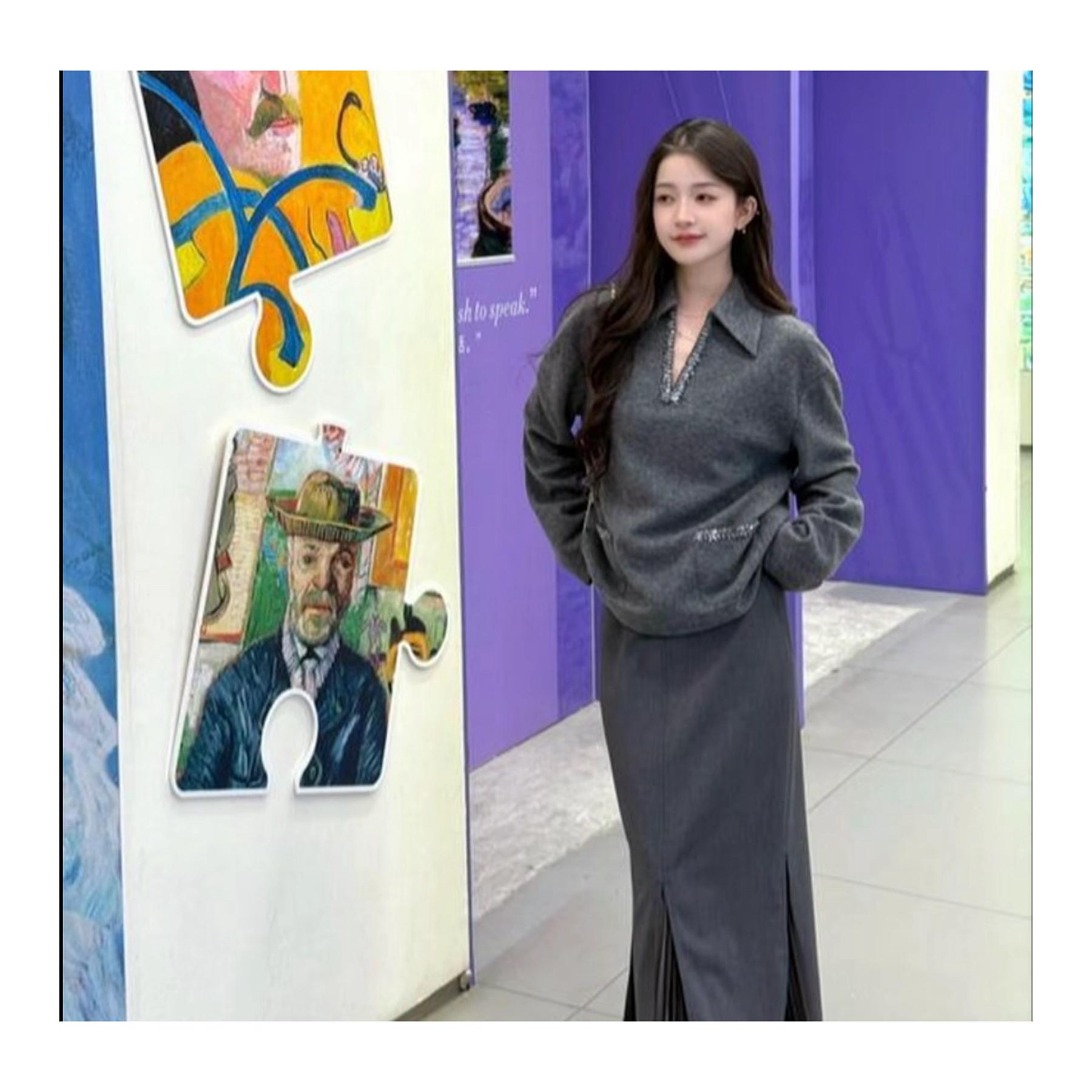 GIRDEAR/哥弟「灰韵雅衫」松弛慵懒感V领灰色百搭羊毛衫女装130121