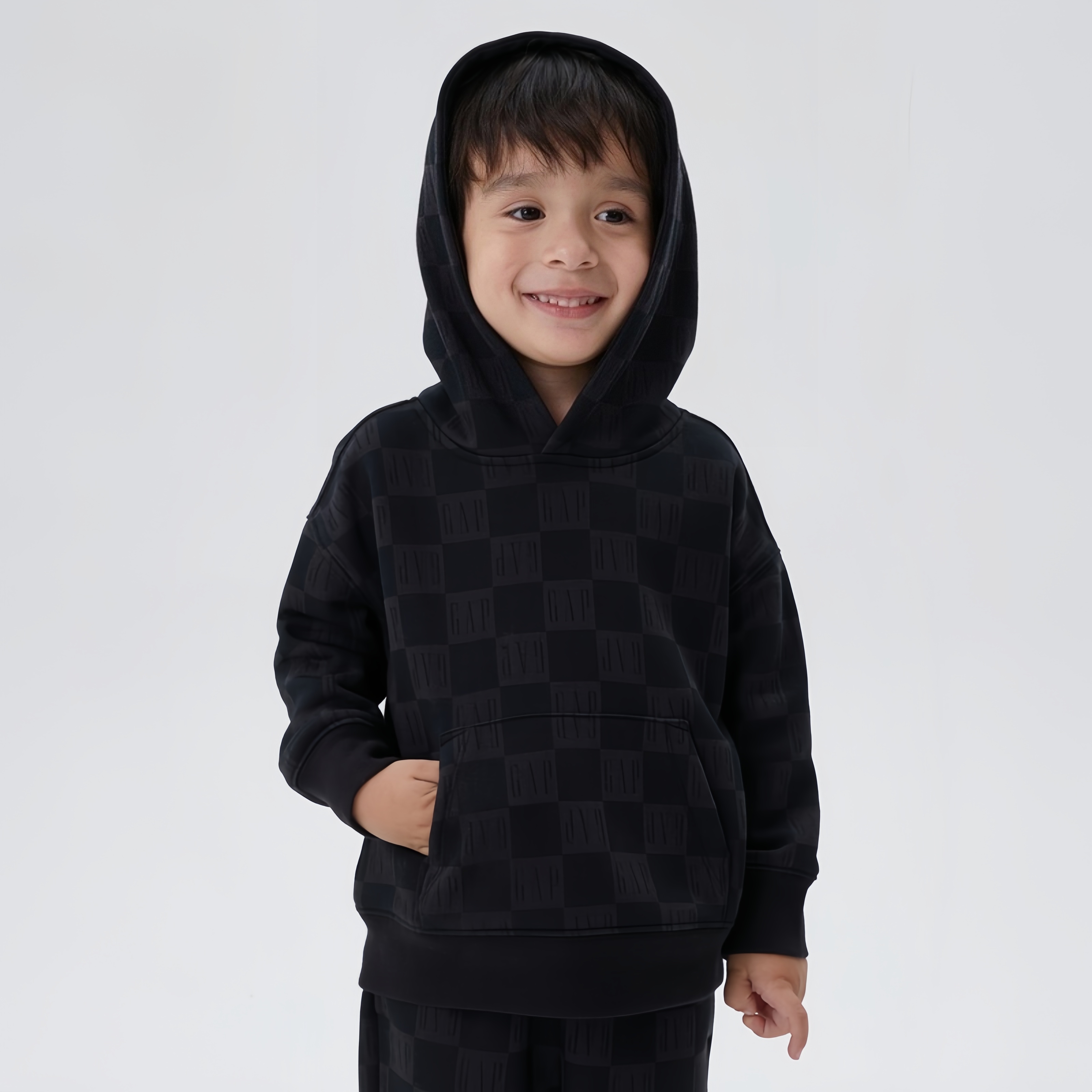 【清仓】G家连帽卫衣儿童春秋满印棋盘格抓绒时尚运动宽松连帽卫衣