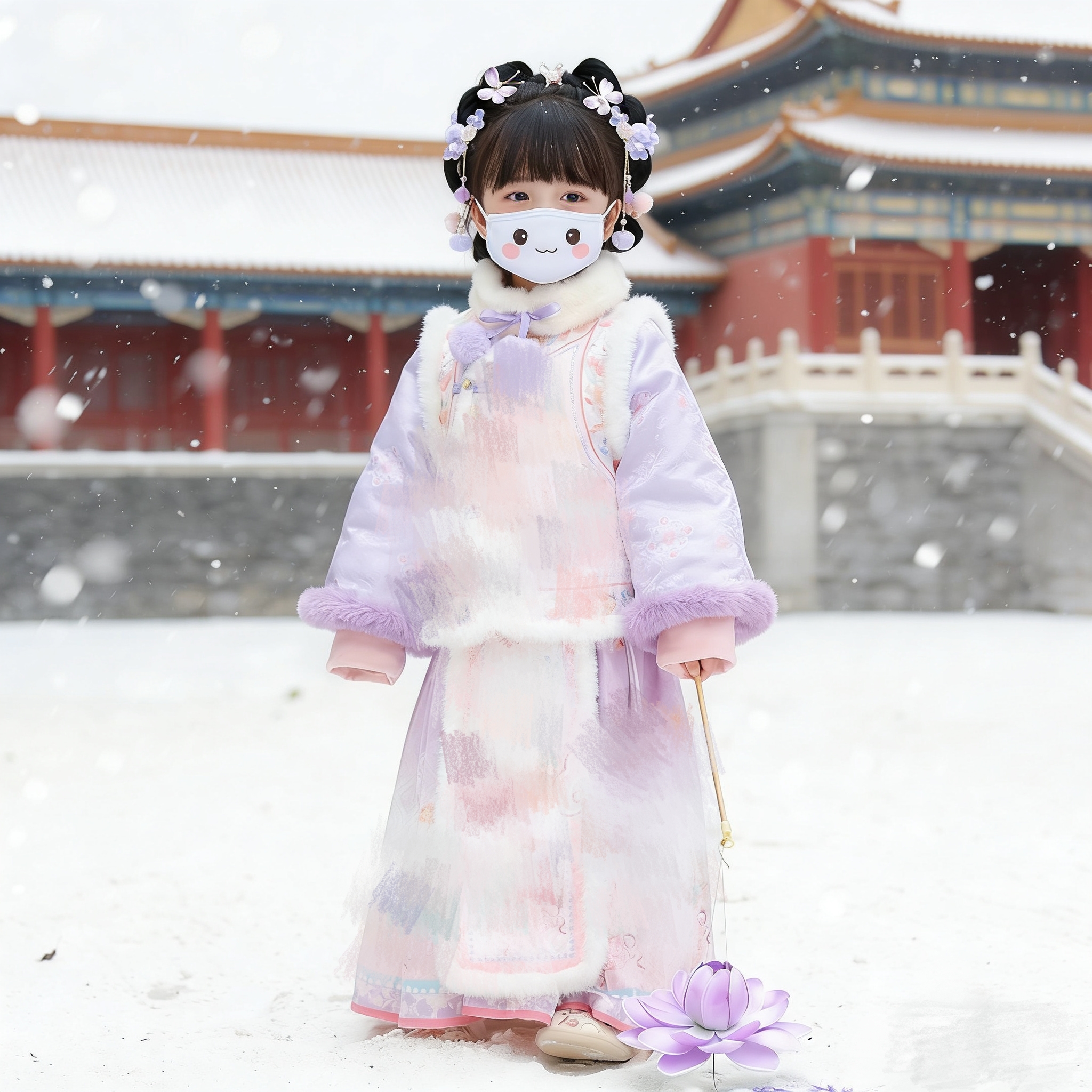 春亦归紫兔桃桃 女童汉服加绒裤子唐装2025新款新中式儿童套装冬