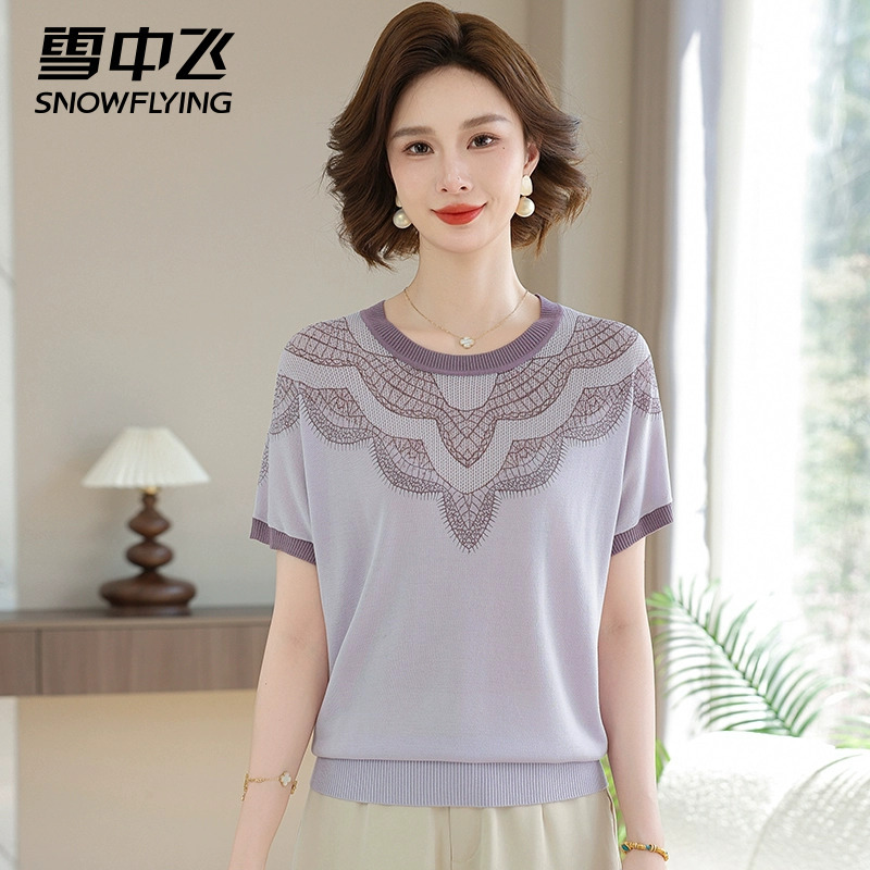 雪中飞时尚圆领通勤夏款短袖T恤2025中老年妈妈气质宽松遮肉上衣F