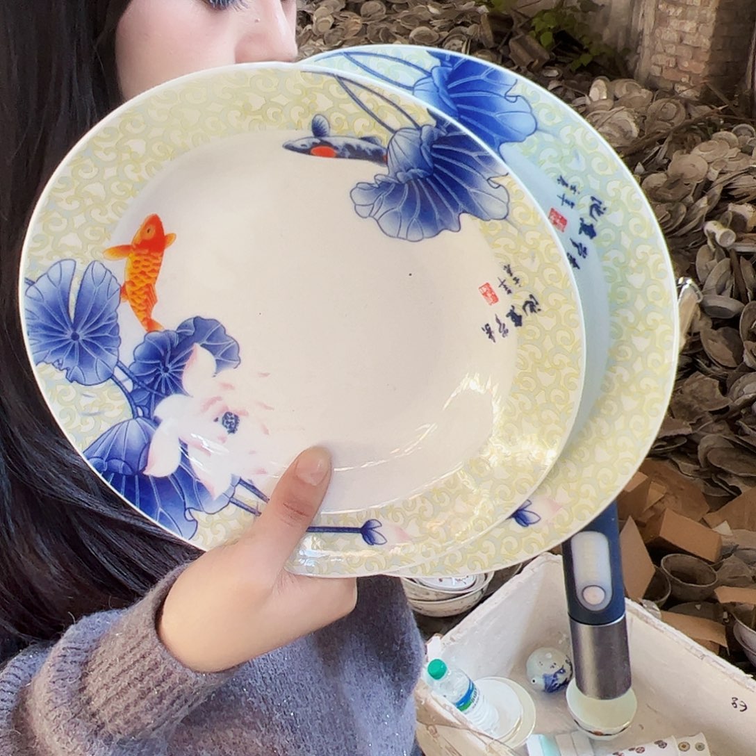 摆件陶景德镇陶瓷8寸盘荷花鱼盘2个