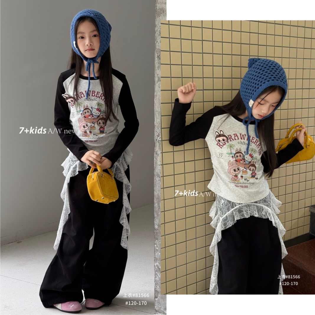 韩版女童装儿童中大童秋季时髦可爱卡通辣妹长袖T恤包包上衣