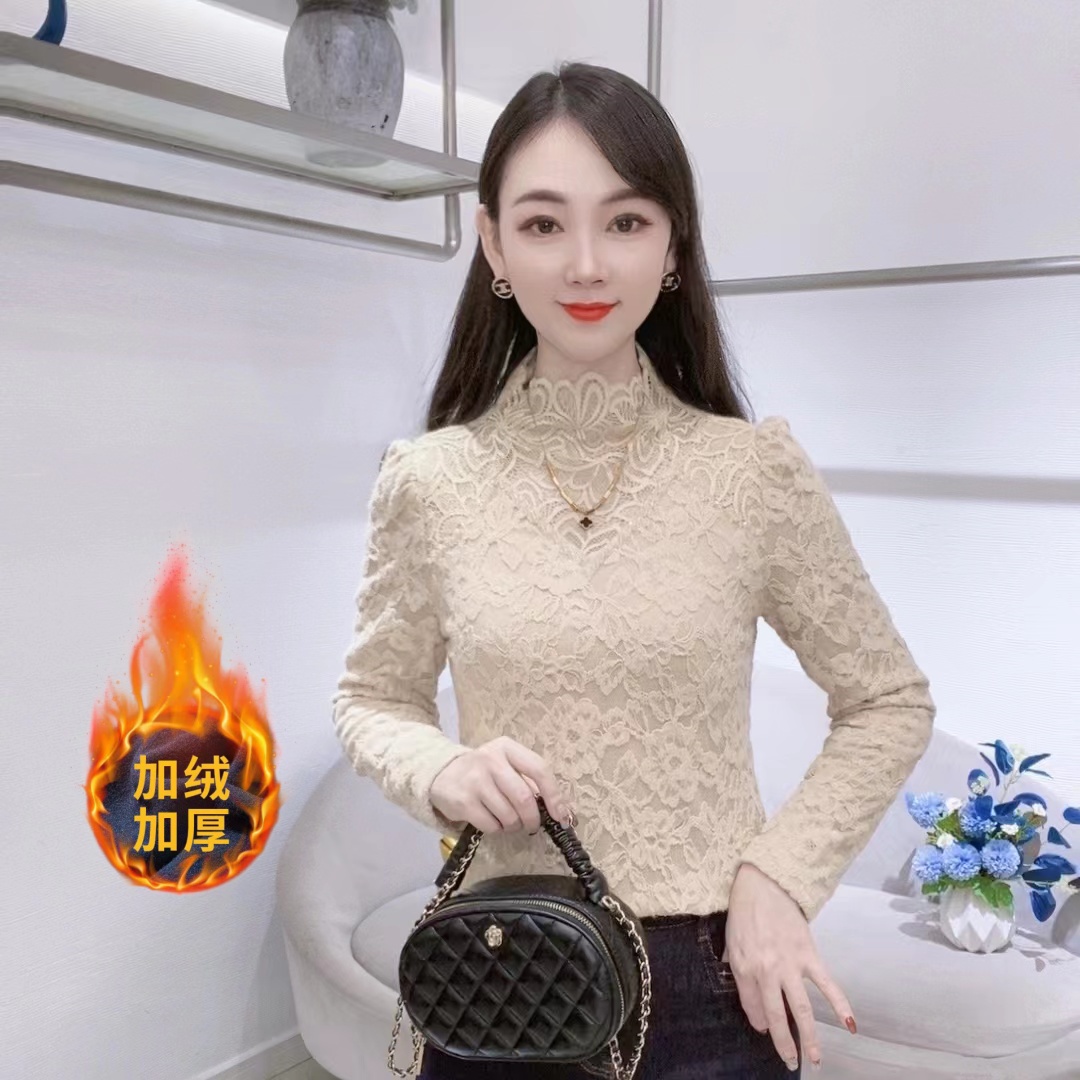 A9191半高领女冬季新款洋气减龄百搭显瘦上衣蕾丝小衫长袖
