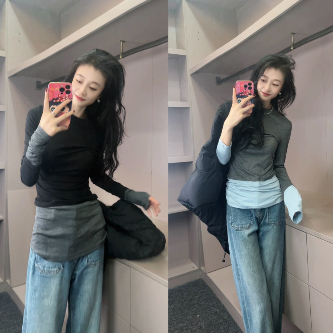 拼接假两件撞色修身长袖打底T恤  洋气显瘦紧身打底衫女