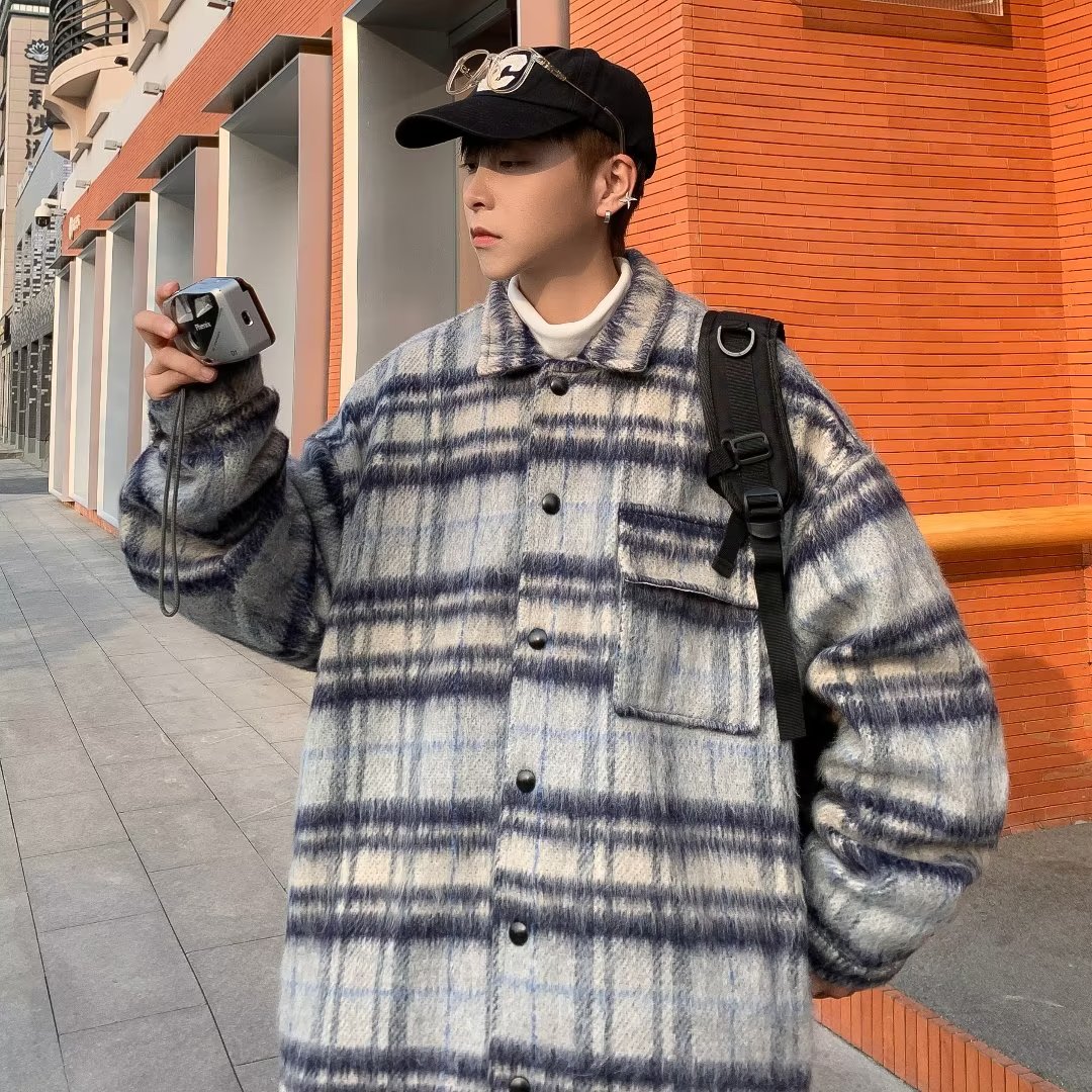 毛呢大衣新款格子翻领青春流行冬季宽松型潮单排扣2025中长款男