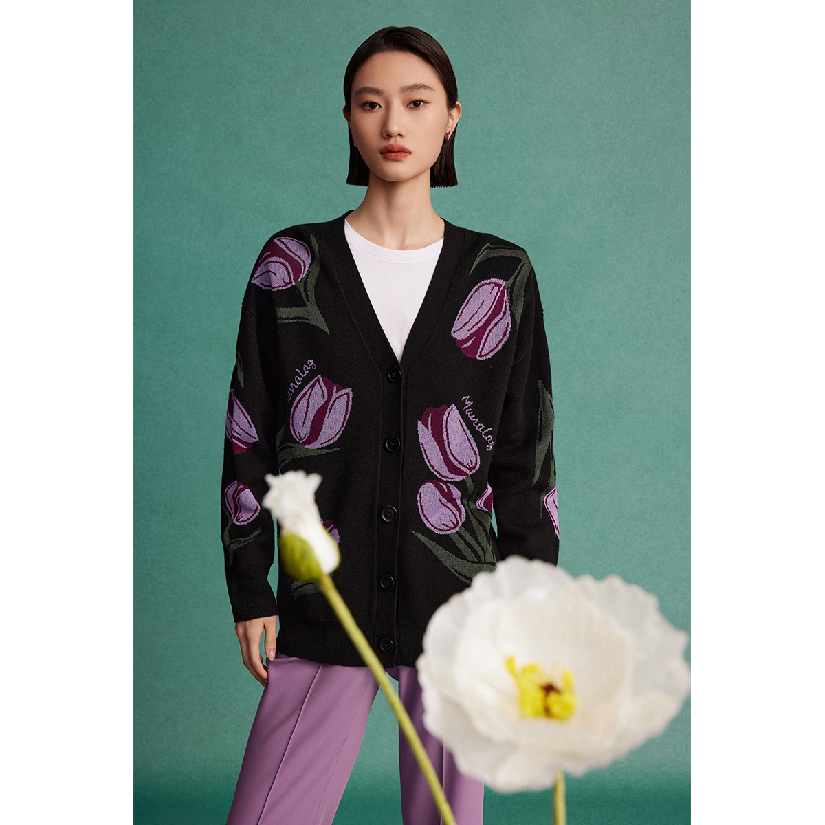 【粉丝专属】曼德诗羊毛混纺开衫2023春郁金香绣花针织衫M731303717