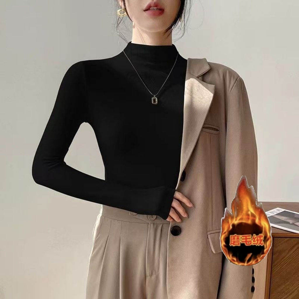 磨毛绒细螺纹半高领打底衫新款秋冬时尚洋气上衣修身百搭长袖T恤