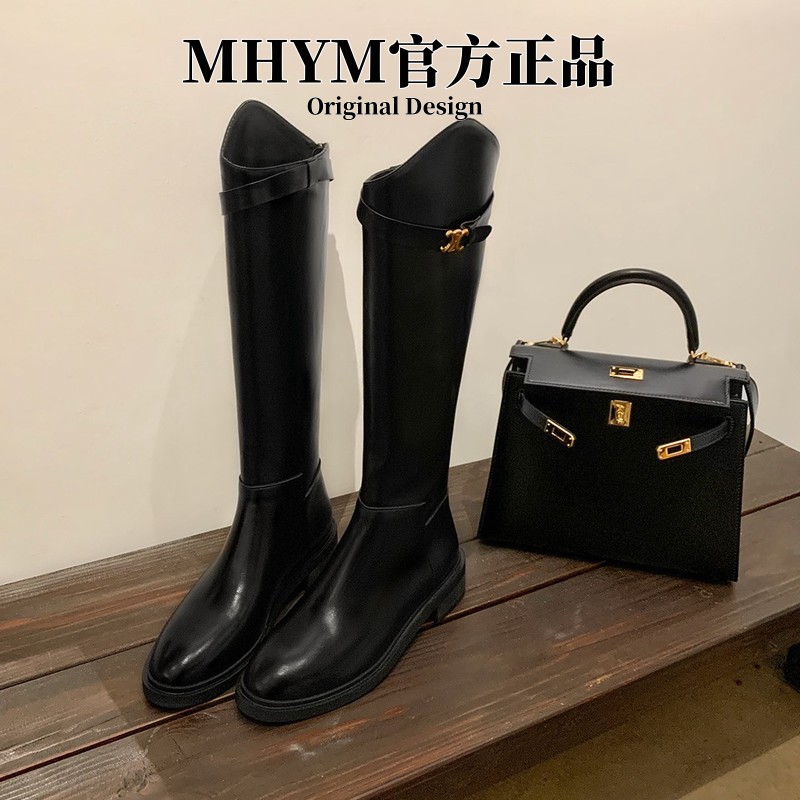 高级感牛皮版MH官方同款真皮斜口凯旋门扣带粗跟高筒骑士靴女长靴