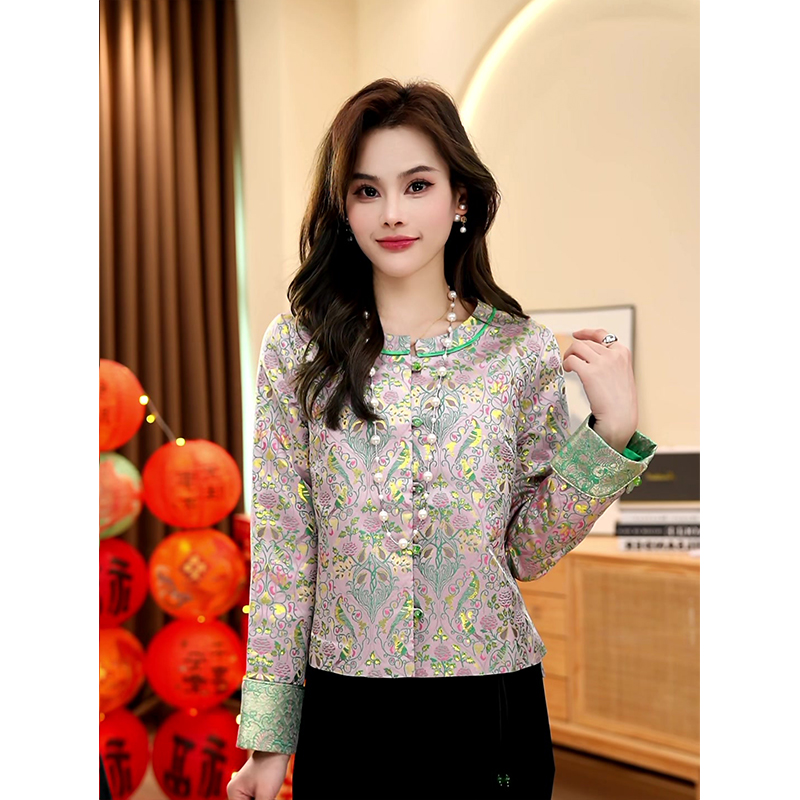 春季新款国风中式时尚轻奢圆领长袖单排盘扣开衫外套女士上衣