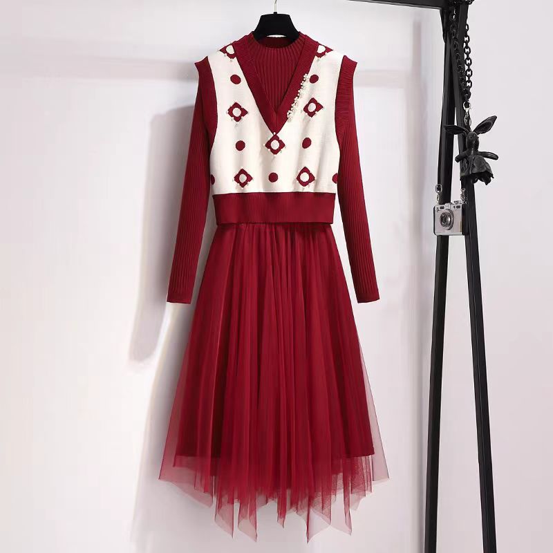 (高01-高50)法式网纱拼接连衣裙女修身内搭减龄