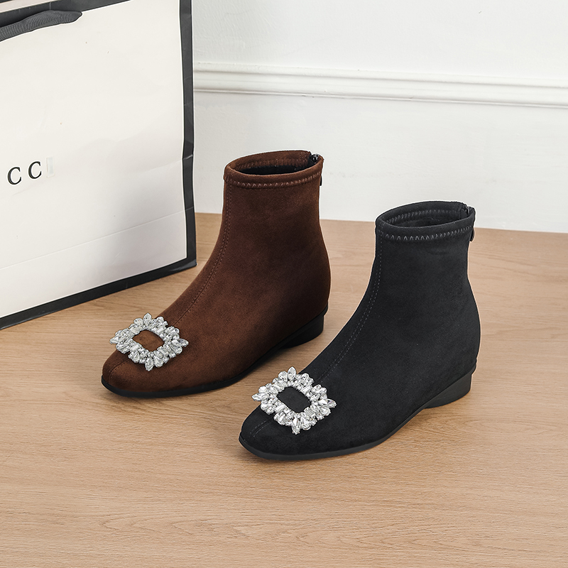 内增高6公分 方头水钻款法式弹力靴套筒后拉链复古短靴秋冬单靴