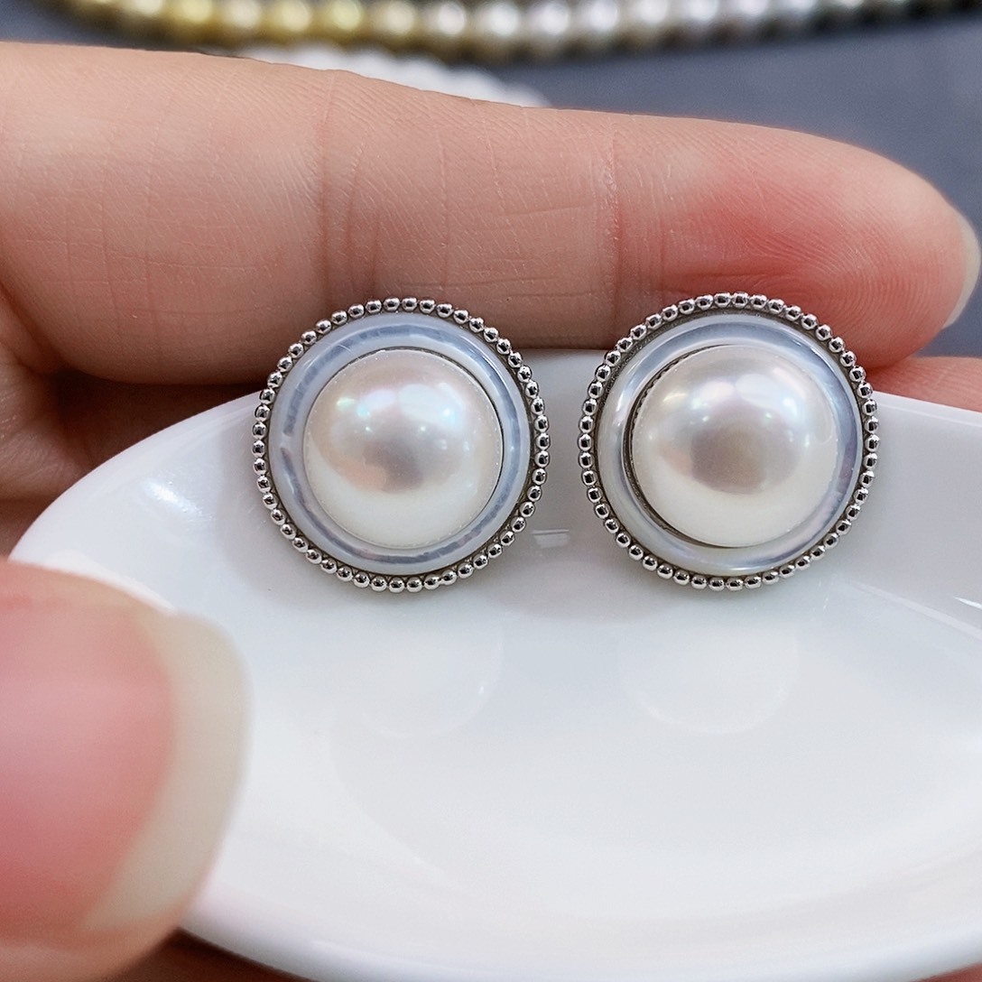 银S925镶嵌特价馒头珠耳饰淡水珍珠