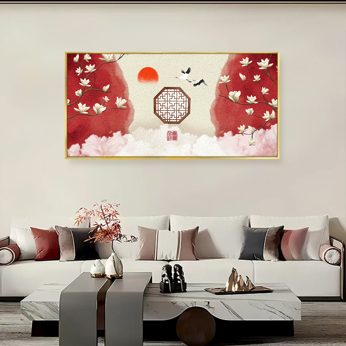 新中式吉祥如意花鸟国画客厅沙发背景墙卧室床头装饰画c039