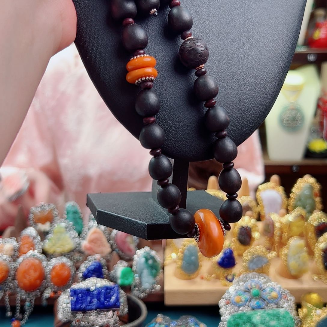 蜜***烟手链琥珀银S925镶嵌国风