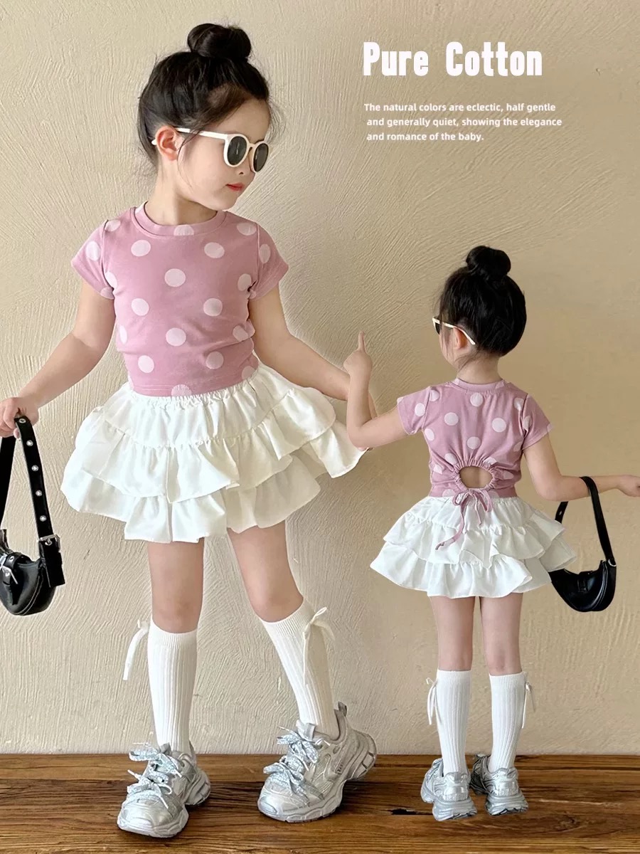 【贝妈福利6664】女童镂空短袖T恤蛋糕裙套装夏季装宝宝洋气两件套