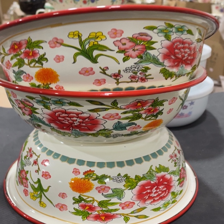 24公分大号珐琅搪瓷汤盆红色牡丹